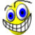 Two side-by-side animated frames of a yellow cartoon face with large blue eyes and a wide toothy grin, showing subtle facial feature differences between the left and right frames.