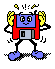 Pixelated robot with blue head, red body, and gray disk slot stands on blue feet against gray background; yellow hands alternate between raised and lowered positions.