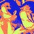 Animated sequence of a stylized figure in orange and yellow tones against blue background, showing motion from raised hand to lowered position.