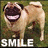 Pixelated image of a light brown pug dog with dark facial features standing on grass, mouth open showing teeth, text "SMILE" below in white block letters.