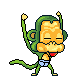 Pixel art monkey with green body and yellow face in various poses, wearing light blue shorts against gray background.