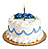 Pixelated birthday cake icon with blue icing, blueberries, and a single candle on a white background.