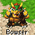 Pixelated character with green hair, yellow horns, and brown armor stands on beige ground against green background; text "Bowser" below.