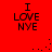 Red background with four identical text blocks reading "I LOVE NYE" in black pixelated font, each block accompanied by scattered black dots forming partial curved lines.