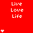 Red background with white text "Live Love Life" repeated in and , interspersed with white star-like symbols of varying counts
