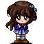 Pixel art character with brown hair and blue bow, wearing purple jacket over white shirt with red collar, blue checkered skirt, white socks, brown shoes; three poses show varying eye expressions.