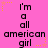 A static image with a bright pink background displays repeated text 'i'm a all american girl' in black pixelated font, surrounded by yellow and orange star-shaped decorations.