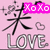 Pink background with black Japanese characters, white 'LOVE' text, pink 'XoXo', and scattered hearts and sparkles.