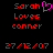 Red pixelated text on black background with pink heart symbol next to 'Sarah' in left ; identical right shows no heart