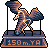 Pixel art of a winged figure in dynamic pose holding a flag, standing on a base with '150 m.YA' text.