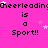 A static image with a bright pink background displays repeated text "Cheerleading is a Sport!!" in black pixelated font, interspersed with small white and light pink stars.