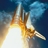 Pixelated image of a space shuttle ascending with orange and yellow flames against dark blue background.