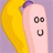 Pixelated static icon of a pink stick figure with black eyes and mouth, holding a large yellow curved object against a purple background.