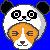 Pixelated icon shows a panda head with black ears and eye patches over a cat's face, both animals have closed eyes on blue background.