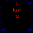 A static pixel art composition with red and blue text elements arranged symmetrically on a black background, framed by dotted lines and asterisks.