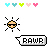 Pixel art display of heart icons, sun-like symbols, and a speech bubble with 'RAW' text in multiple color variations.
