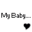 Pixelated image with text 'My Baby....' and a black heart symbol next to a dog's face on a colorful background.