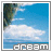 Two side-by-side animated frames of a beach scene with blue sky, white clouds, and ocean waves under green foliage, each displaying the word 'dream' at the bottom in pixelated text.