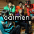 Group of people in colorful clothing with text overlays; one frame shows 'carmen', another 'LOVE', and a third 'BIG BANG' over the image.