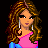 Pixel art contact sheet showing multiple frames of a female character in blue and pink outfit with long brown hair, featuring full-body poses, close-ups, and text elements.