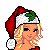 Pixel art contact sheet showing multiple frames of a Christmas-themed animated buddy icon featuring a blonde woman in red dress and Santa hat with text elements.