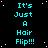 A static digital image with cyan text reading "It's Just A Hair Flip!!!" repeated in a pattern on a black background with white speckles