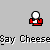 Pixelated icon of a figure in red clothing with white circular head, repeated across with text 'ay Cheese' below each