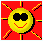 A yellow sun-shaped icon with black sunglasses and a red smile on a red background with yellow rays, transitioning to a blue teardrop-shaped icon with red eyes and a red nose on a green background.