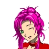 Pixelated anime-style character with bright pink hair, green eye, red top, and closed eyes in a relaxed pose.