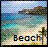 Pixelated beach scene with turquoise water, sandy shore, palm tree silhouette, and 'Beach' text in blocky multicolor letters.