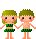 Pixel art of two green-haired figures in green skirts holding hands, with variations including closed eyes and pink heart props.
