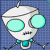 Pixelated cartoon character with large cyan eyes and turquoise accents on a blue grid background, next to green text reading "Original Icons .com" on dark green.