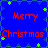 Blue background with green star-like shapes and red text reading "Merry Christmas" in four quadrants.
