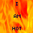 A fiery background with bold text reading "I AM HOT" in dark blue, displayed across two vertical