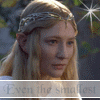 identical animated frames showing a person with long blonde hair wearing a silver headband, set against a blurred green background