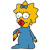 Pixelated character with yellow hair, blue dress, red mouth, and a small object in hand.