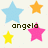 Four pixelated stars in blue, orange, yellow, and pink surround the word 'angela' on a light background.