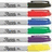 Six Sharpie markers in black, red, blue, green, purple, and yellow are stacked vertically on a light blue background with "Sharpie Write Out Loud" text in cyan pixelated font.