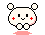 Pixelated white creature with red cheek marks, black eyes, and a small smile stands on pink feet against gray background.