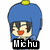 Pixelated character with blue hooded cloak and yellow top, red eyes, orange mouth, black text "Miehu" below head, two views show different head angles and partial body visibility.