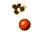 Red circular icon with light border and brown pixelated shapes scattered around it on gray background.