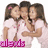 Three girls in pink shirts pose together with one girl covering her mouth, text labels change across frames.