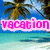 Pixelated beach scene with palm trees and turquoise water, featuring text overlays in pink and blue.