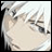A 48x48 pixel animated buddy icon featuring a close-up of an anime-style character's face on the left and text elements on the right against a black background.