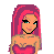 Pixel art contact sheet showing three frames of a pink-themed animated icon featuring a cartoon woman in a strapless dress with long hair and blue eyes, accompanied by the word "PINK" below each frame.