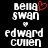 Pixelated text displays 'bella swan' with a red heart above the 'a', and 'edward cullen' below, on black background.