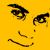 Pixelated black line drawing on solid yellow background shows two stylized figures with curved limbs and a curved line below them.