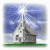 Animated church icon with a steeple, red roof detail, and blue sky background showing subtle pixel changes across frames.