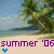 A beach scene with palm trees and ocean under a blue sky, featuring 'summer '06' text and colored hearts below the text in three of three variations each