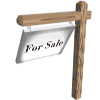 twelve wooden 'For Sale' signs with white and purple text, each mounted on a brown post against a plain background